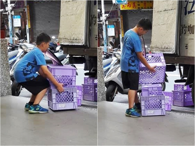 日前有台湾网民在超市外发现一名男童正在帮父亲整理货篮。网图