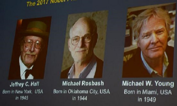 三名美國科學家分別為霍爾（左）、羅斯巴赫（中）和邁克爾‧楊（右）