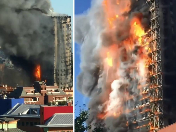 米兰一栋20层住宅大楼发生大火，浓烟冲天。twitter片段截图