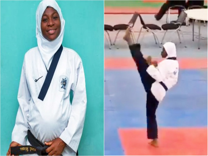 尼日利亚孕妇挺肚起飞脚、挥拳，成功夺得跆拳道冠军。网图