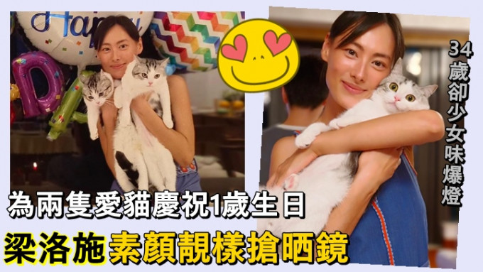 梁洛施个靓样，不知不觉抢咗两只寿星爱猫嘅镜头。