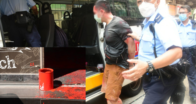 涉嫌淋紅油的外賣員被帶返警署，紅油罐則遺留在現場。