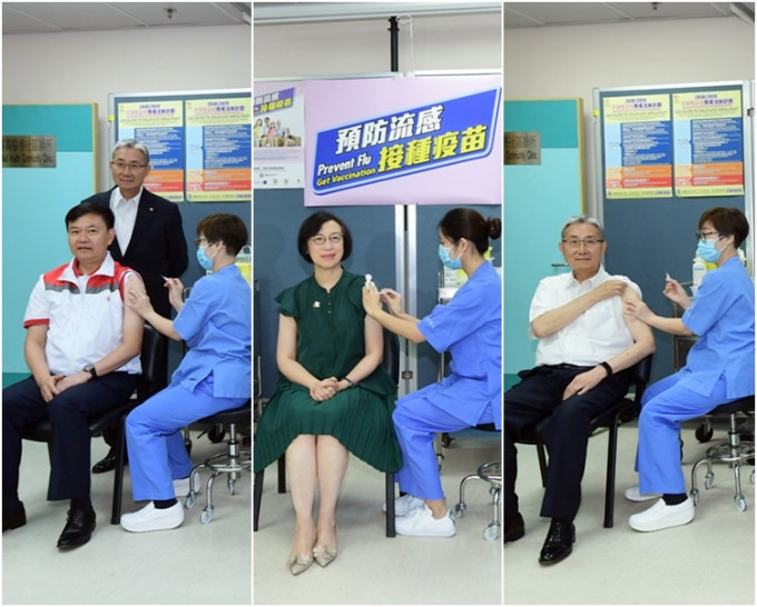 （左起）梁栢賢、陳肇始和梁智仁已率先打流感針。