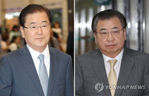 南韩国家情报院院长徐薰（右）与国家安保室长郑义溶。韩联社