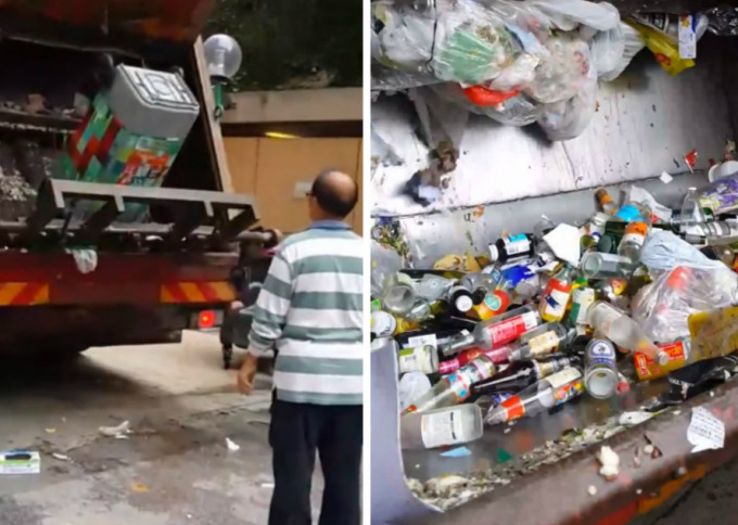 有清潔工人被市民拍攝到將廢玻璃樽。Hongkee Yuen影片截圖