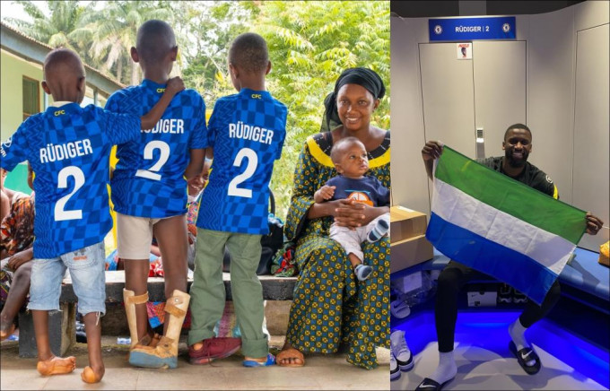 拥有塞拉利昂血统的鲁迪格，除了资助十一名当地儿童接受矫正畸形足手术，还给每人送上印有自己名字的车路士球衣。网上图片