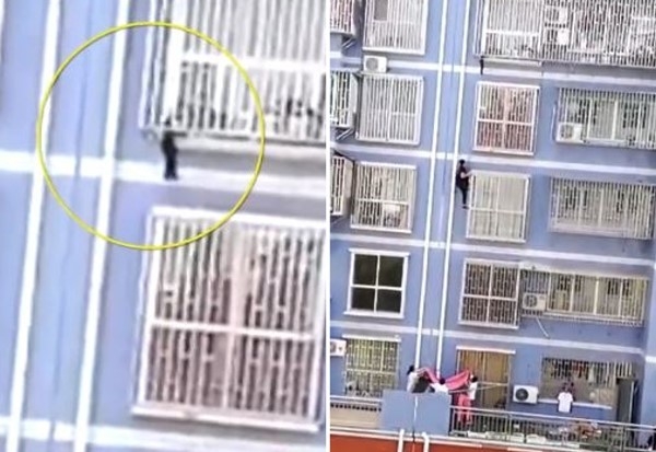 張鑫沿著大樓外牆的窗戶防盜框一路從2樓爬上5樓救人。（網圖）