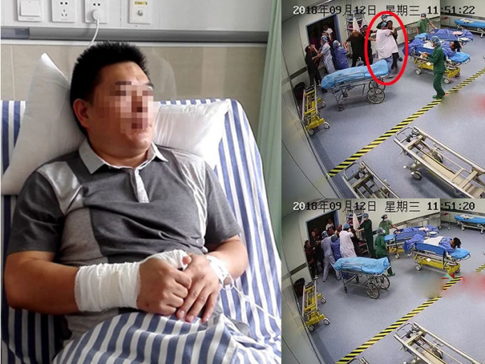 麻醉科醫生姚瑞林被多名患者家屬毆打。而事實上，他並未參加搶救只是剛巧送患者路過。(網圖)