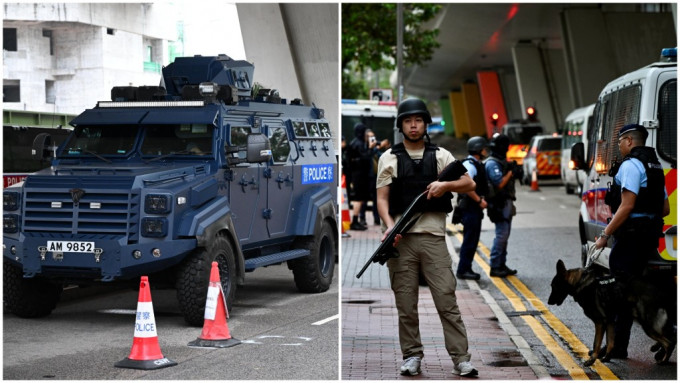 大批警員荷槍實彈在法院外戒備。