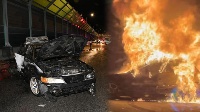 粉岭公路前晚发生交通意外，其中一辆私家车失控，撞向水马着火焚烧。资料图片