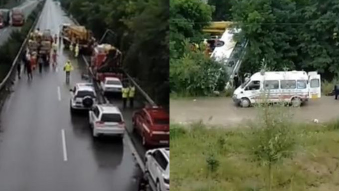 甘肃一辆长途巴失控冲出高速公路，至少13人死47伤。央视新闻图片