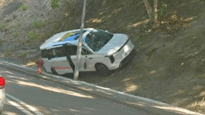 七人車失控剷上山坡，擱於燈柱旁。網上圖片