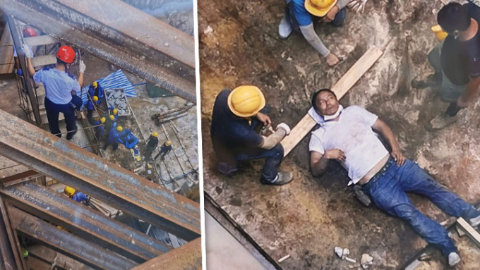 一名工人从2米高位置失足堕下，头部受伤但清醒。工友提供