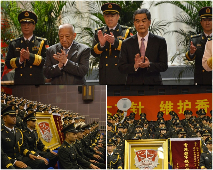 上图，全国政协副主席董建华、行政长官梁振英出席庆祝会。