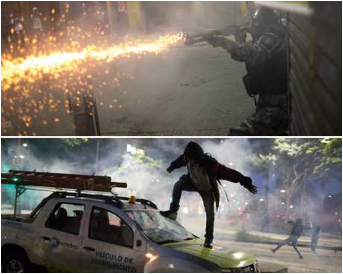 滋事分子在搗亂，向防暴警察擲石及放火燒車，市中心仿如戰場。AP