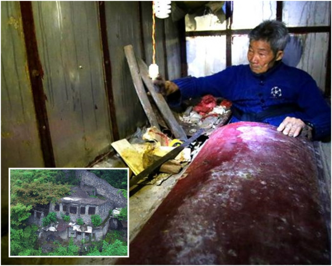 湖南永州92歲老翁梁富生老來無依，花22年在深山中修建墓室，晚上睡在棺材中。網圖
