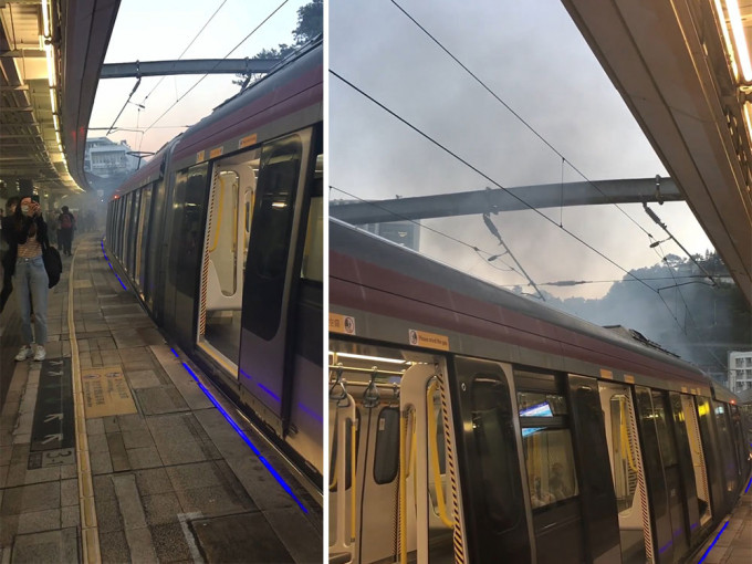 大學站月台路軌冒煙，東鐵綫服務現時受阻。網上片段截圖
