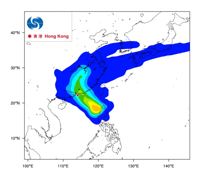 天文台預料只有40%（綠色區域）打中香港。