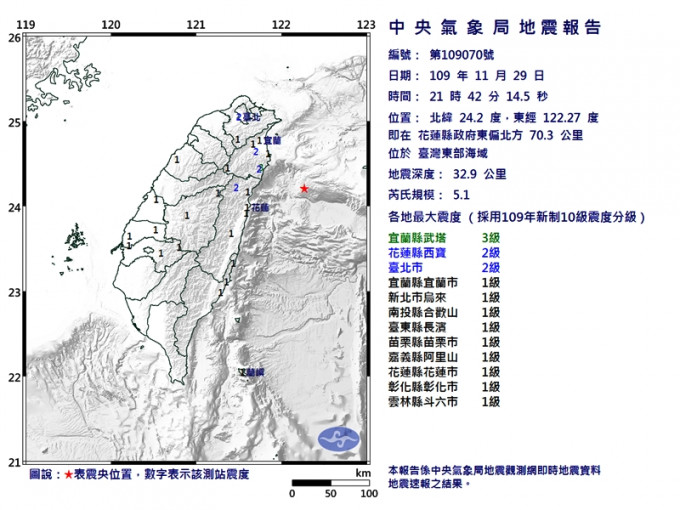 台湾东部海域昨晚9时42分发生5.1级地震。台湾气象局图片