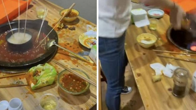 陝西漢中一女食客因嫌火鍋店「腦花」貴，竟掀翻火鍋爭拗。網上圖片