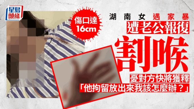 湖南女网上控诉被殴打流产提分手遭家暴割喉。（星岛制图）