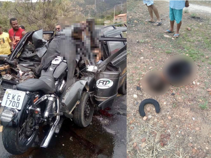 巴西一辆电单车因爬头逆向行驶撞到黑色汽车，铁骑士的头颅连头盔落地。（网图）