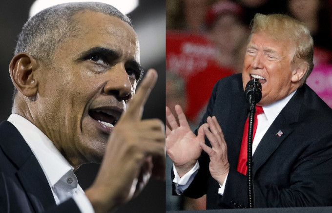 奥巴马（左）与特朗普为候选人站台时，隔空挑机。美联社