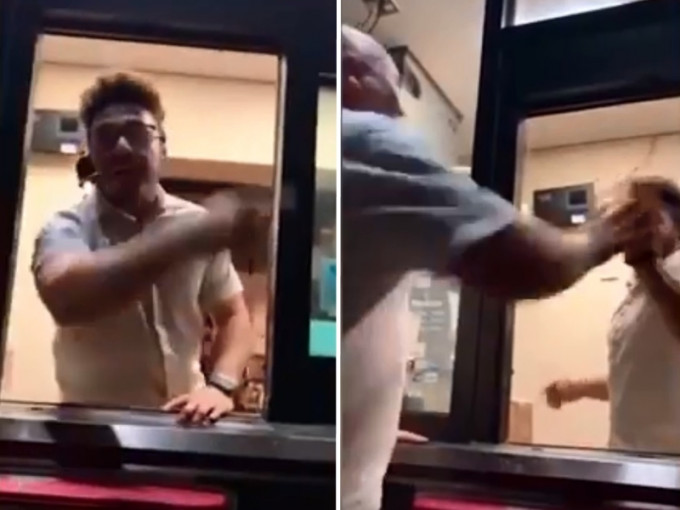 一名麥當勞店經理透過汽車購餐區的小窗戶向顧客大吼，最後演變成肢體衝突。 影片圖片
