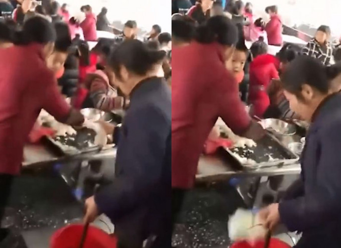 大妈闯入学校食堂。网图