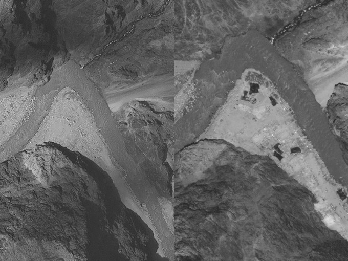 卫星图像对比显示，6月15日后，拍下对峙点有数十辆伪装车辆部署。（右）7月6日的卫星图像可看解放军的临时建筑已拆除。（左） AP