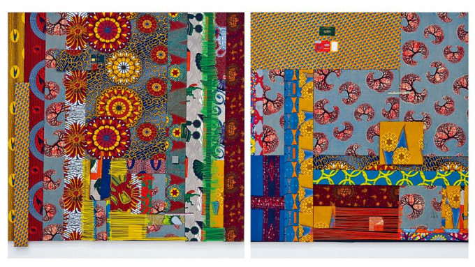 馬哈馬以代表了非洲文化的「荷蘭式蠟染」布塊作畫。