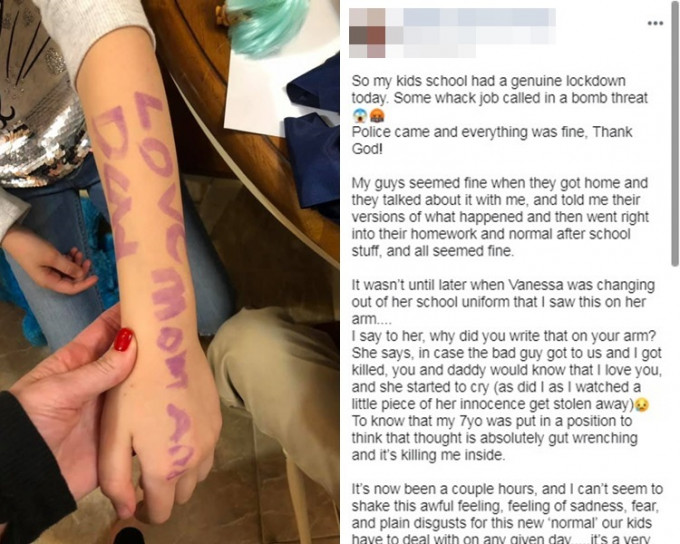 女童在手臂上寫下「爸媽，我愛你們」的字句。女童母親FB圖片
