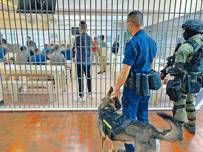 ■東頭懲教所管方遏止所內賭博風氣蔓延，「黑豹部隊」及警衞犬隊到場支援。