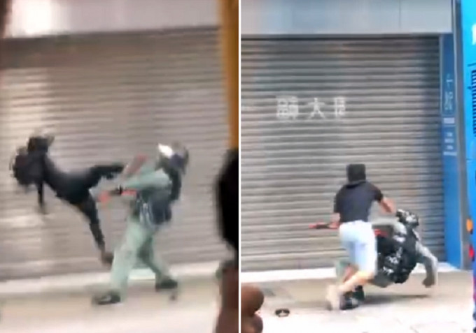 示威者起飛腳踢向防暴警員面部。