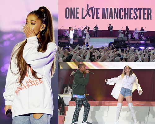 Ariana Grande與群星在英國曼徹斯特市舉行慈善騷，為倫敦恐襲受害者籌款。（AP）