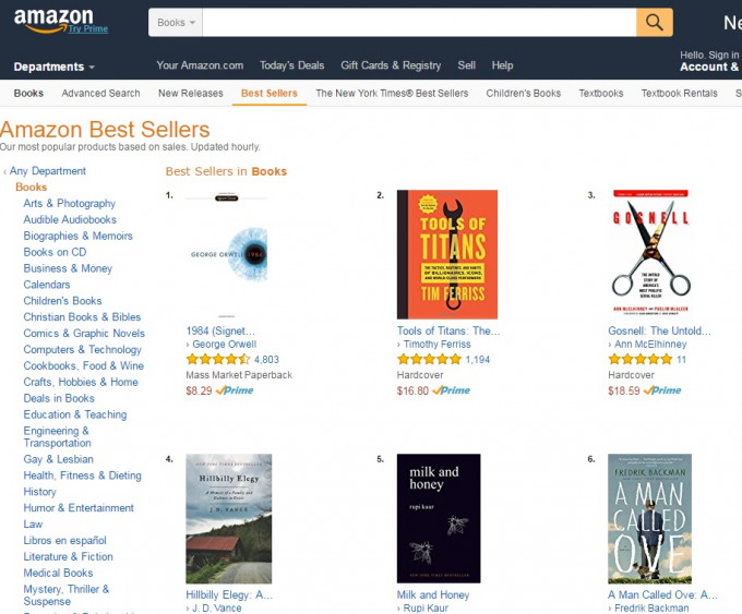 小说《1984》攻占Amazon网站畅销书榜首。网页截图
