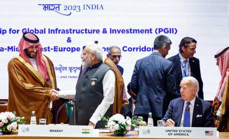 G20多國元首包括美國總統拜登、印度總理莫迪和沙特王儲小薩勒曼，周六討論「全球基建和投資夥伴關係」項目。美聯社
