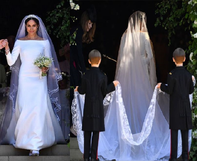 梅根纯白色的Givenchy婚纱，头纱长达16尺。网图
