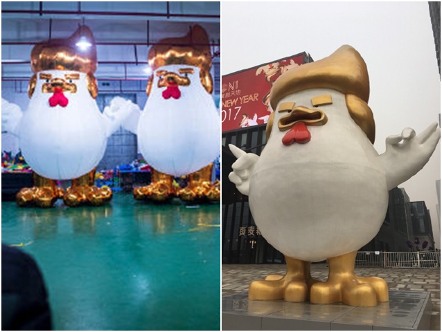 右為「特朗普雞」雕像；左為充氣「特朗普雞」。網圖