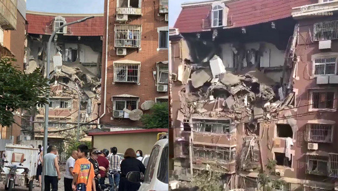 天津一小区发生爆炸，六层高建筑损毁。网图