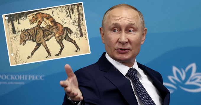 俄羅斯總統普京引用俄羅斯著名童話《狐狸與狼》，笑言「俄羅斯只有一句話要說，凍住吧、凍住吧，狼尾巴」。AP圖片及《政客新聞網》官網截圖。