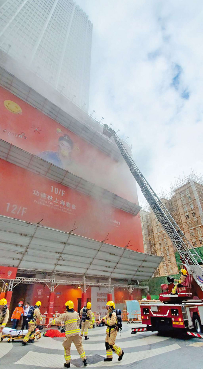 ■消防員駕起雲梯拯救五樓平台被困人士。