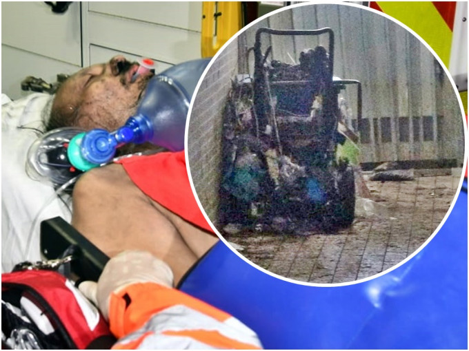 男住戶疑吸入濃煙昏迷，送院其後證實死亡。小圖為懷疑肇禍的輪椅放於起火單位門外。