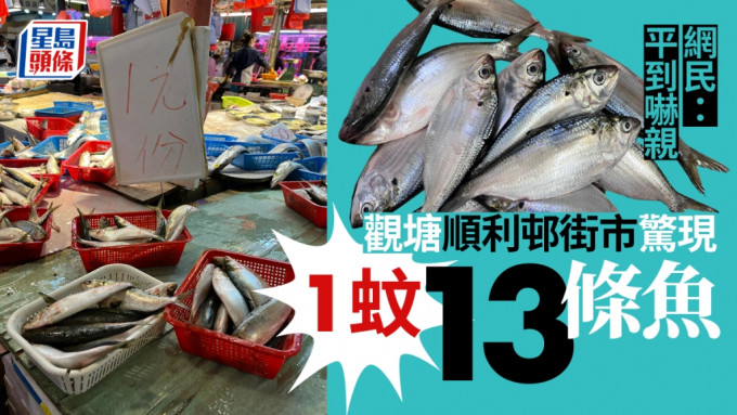 观塘顺利邨街市有一鱼档，明码实价以1元售卖约13条鱼。FB图片