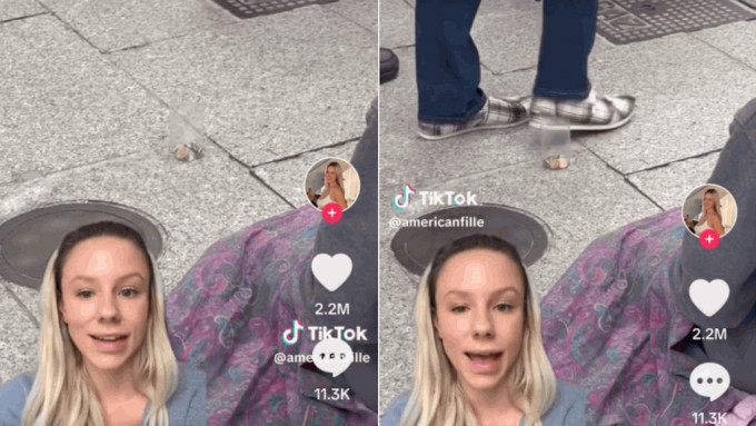 美國女子揭發巴黎「丐幫」在路中心放透明杯搏人踢跌屈錢。 TikTok