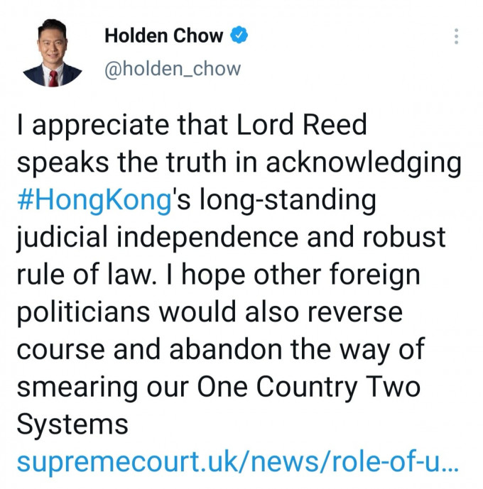 周浩鼎在Twitter發文，感謝英國最高法院院長韋彥德承認香港的司法獨立和法治精神。網上截圖