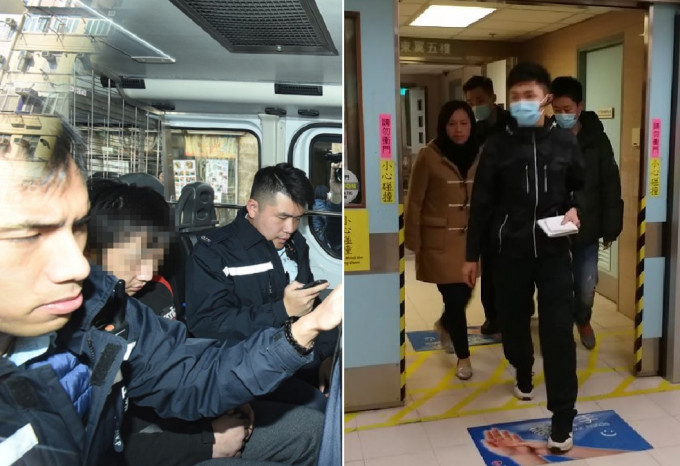 黃男(左圖中)被捕，右圖為重案組人員下午到廣華醫院深切治療部，了解葉女情況。