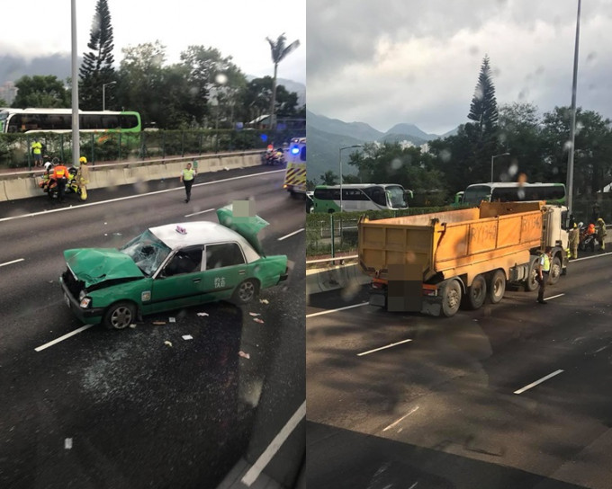 的士泥頭車相撞。網上圖片