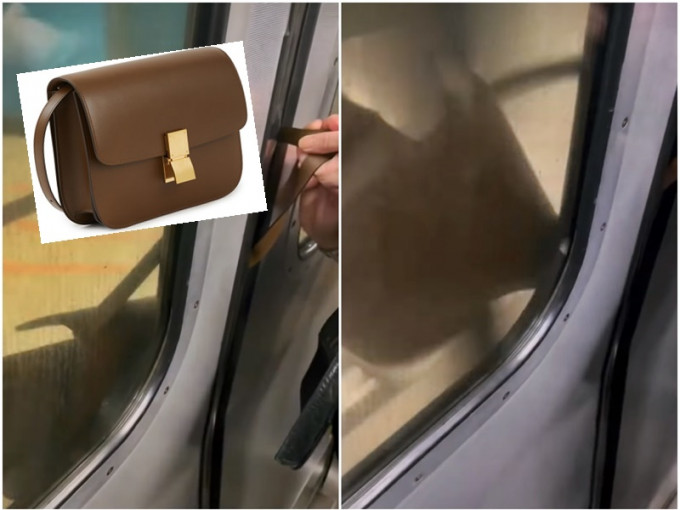 女乘客疑因衝門，名牌手袋被夾在車門外，不斷與玻璃門碰撞。FB影片截圖/網圖