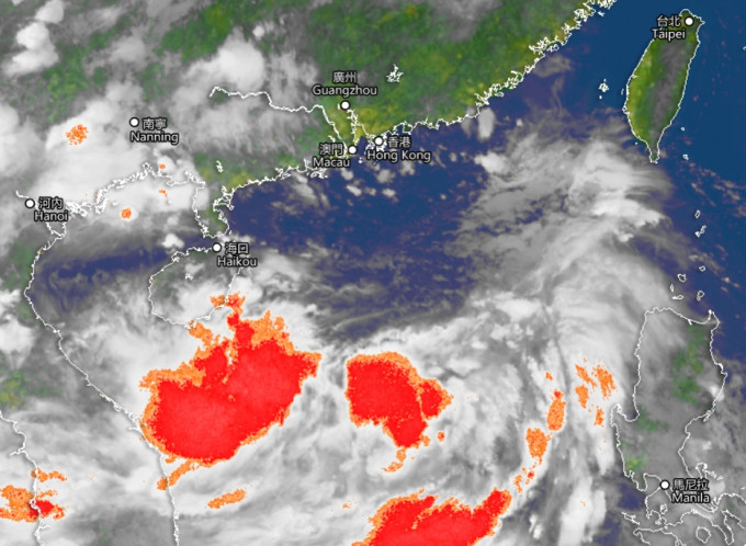 南海的热带低气压。香港天文台强对流天气卫星图像